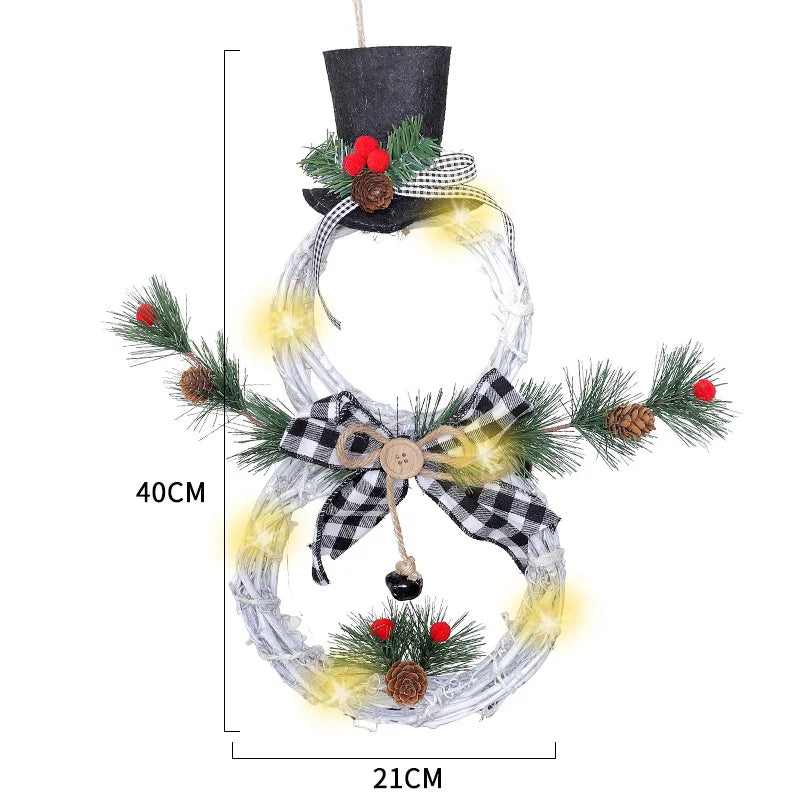 Christmas Snowman Wreath Garland Led Light Door Decoration Artificial Home Window Wall Background Door Hanging Luminous Ornament