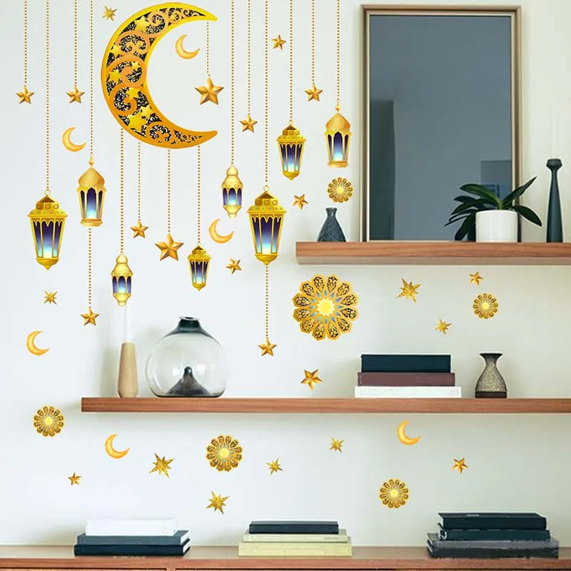 Ramadan Kareem Wall Stickers Moon Star Lantern Wall Decal 2024 Eid Mubarak Decorations for Home Muslim Islamic Party Decorations