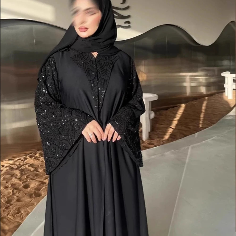 2025 Ramadan Black Beaded Abaya with Hijab – Luxury Dubai Muslim Dress
