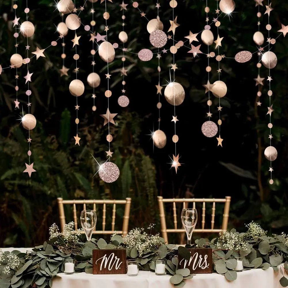 Champagne Gold Party Decorations Star Dots Garlands  Hanging Paper Heart Streamer Banner Wedding Valentine Day Party Flag Decor