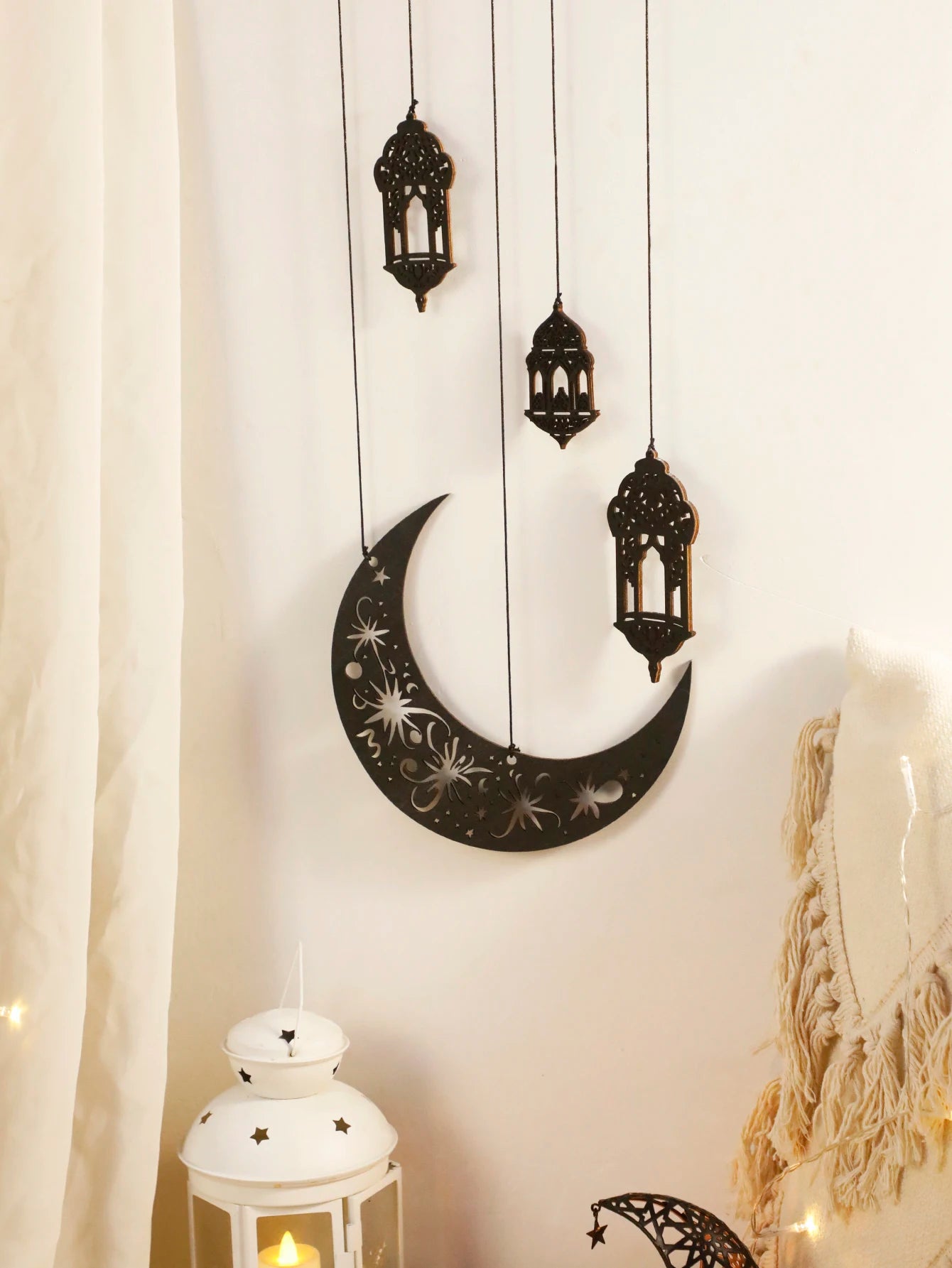 Wooden Wall Decor - Black Wooden Crescent Moon with Star Cutouts , Hanging Lanterns for Ramadan Eid, Islamic Festival Home Decor