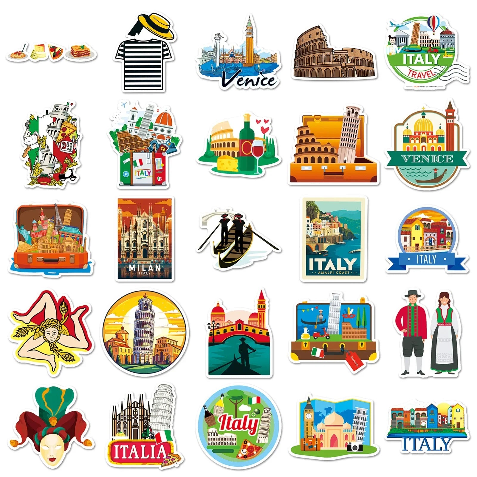 50pcs Italy Travel Famous City Stickers Pisa Tower Venice Scenery Decals Waterproof for Scrapbook Laptop Luggage Decorative