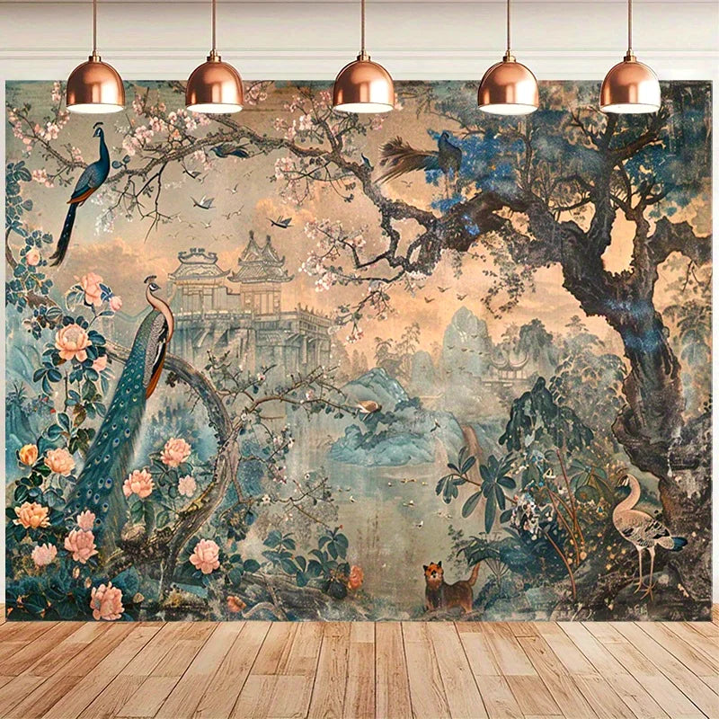 1pc Peacock Garden Tapestry, Art Flower Wall Hanging Art Deco Style Tapestry for Bedroom Living Room Decor 100x230cm