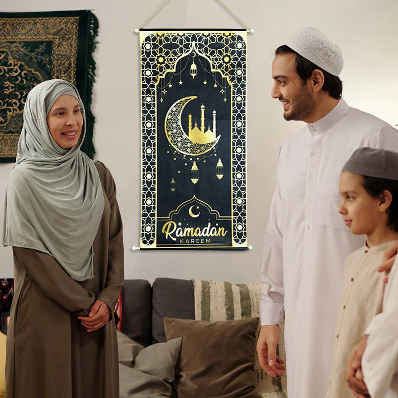 Eid Mubarak Decorations Ramadan Kareem Hanging Door Sign Ramadan Hanging Flag Welcome Wall Banner Eid Al-Fitr Party Supplies
