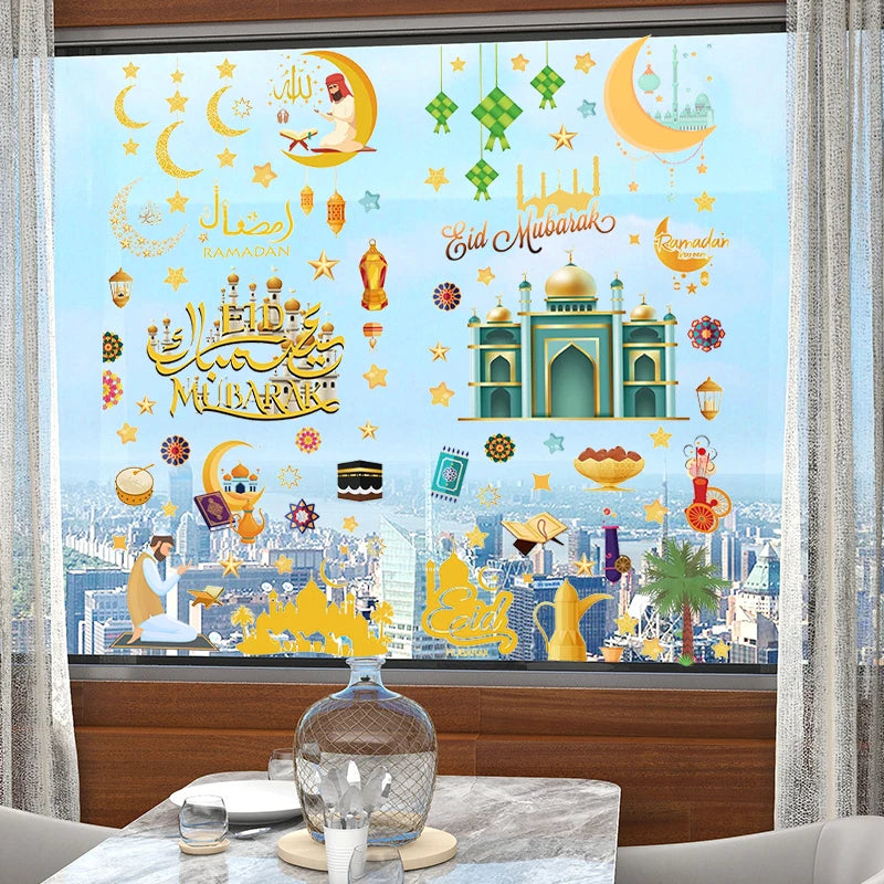 9pcs Eid Mubarak Window Stickers Islamic Muslim Party Supplies Ramadan Kareem Decoration for Home Eid Al-fitr Gifts