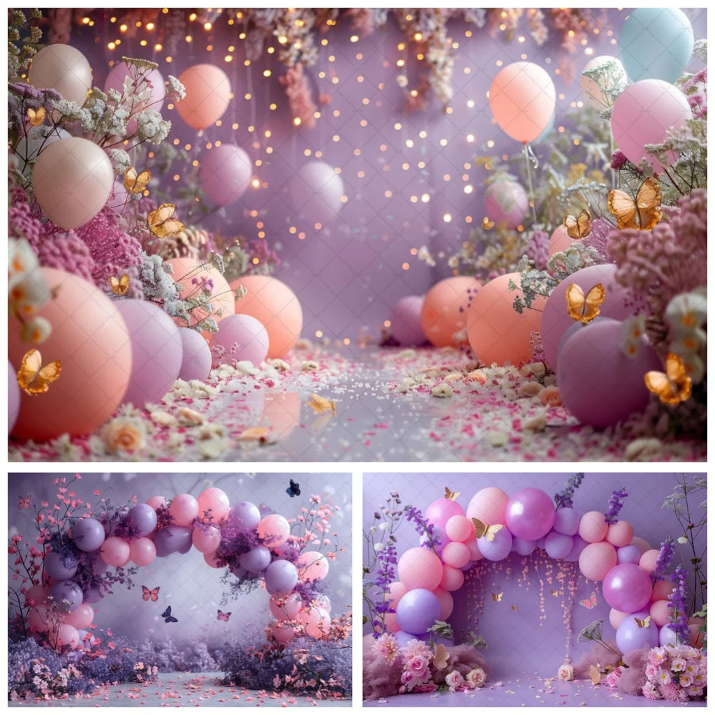 Birthday Photographic Backgrounds Baby Shooting Props Butterfly Purple Balloons Backdrops Photography Room Decorations Photozone
