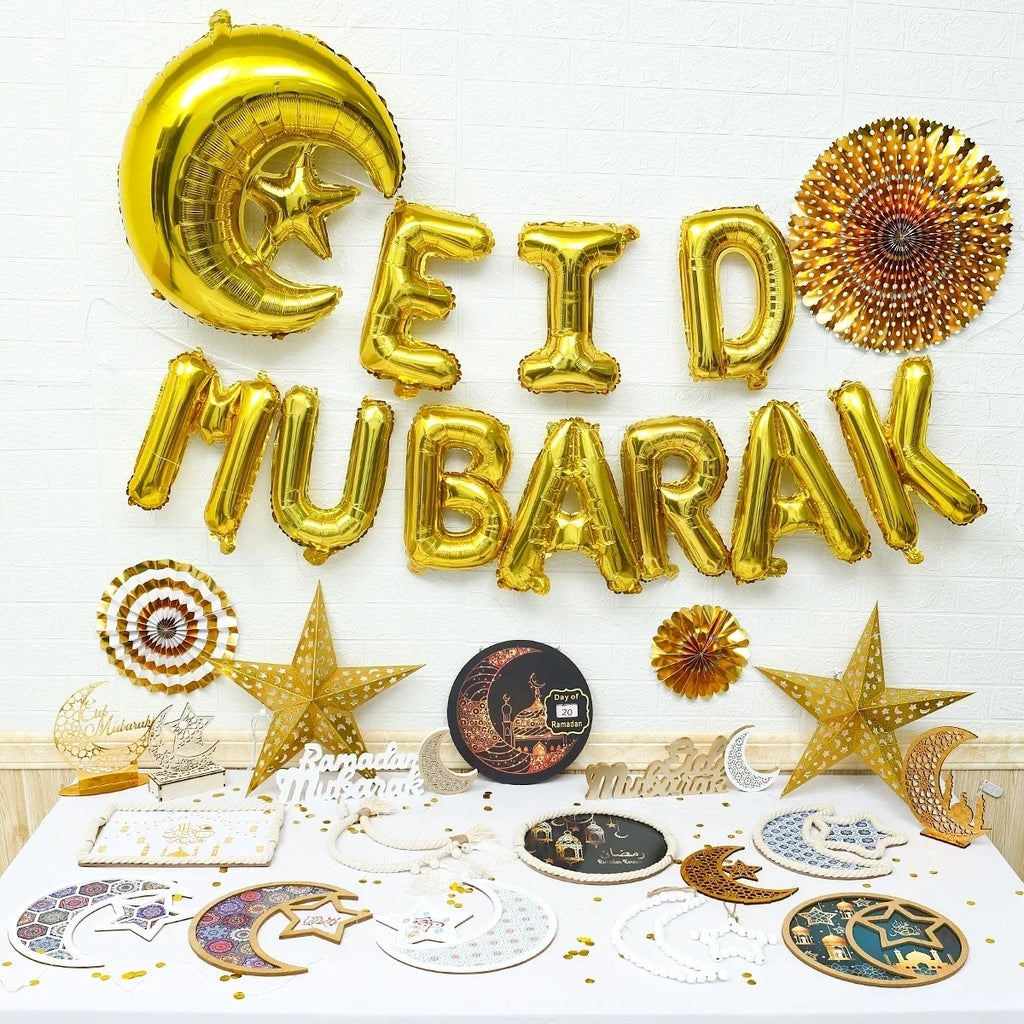 Eid Mubarak Balloons Muslim Aid Hajj Moubarak Decor Ramadan Kareem Festival Decoration Banner Star Moon Heart Foil Balloon Party
