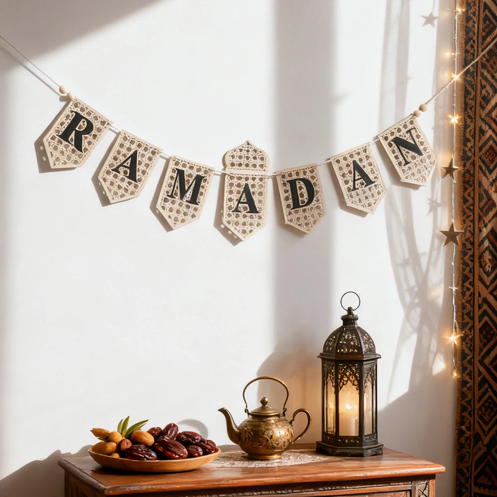 Ramadan Mubarak Banner Hollow Lantern Hanging Garland for Islamic Muslim Eid Festival Home Party Ornament Wall Decor Supplies