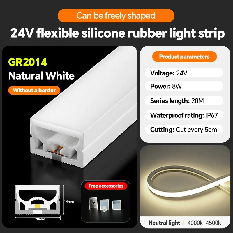 LED silicone light strip, linear light strip, embedded, 24V, waterproof, flexible, curved shape light