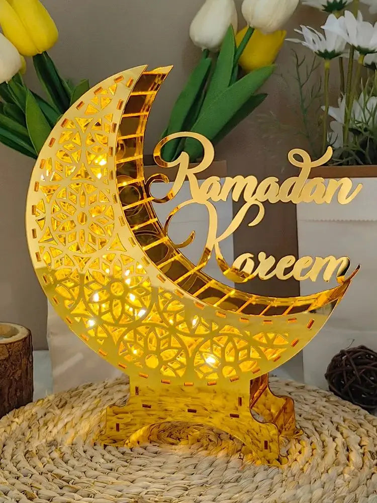 Golden Islamic Moon and Mosque 3D Acrylic Puzzle Decoration – Ramadan and Eid al-Fitr Party Centerpiece Decoration
