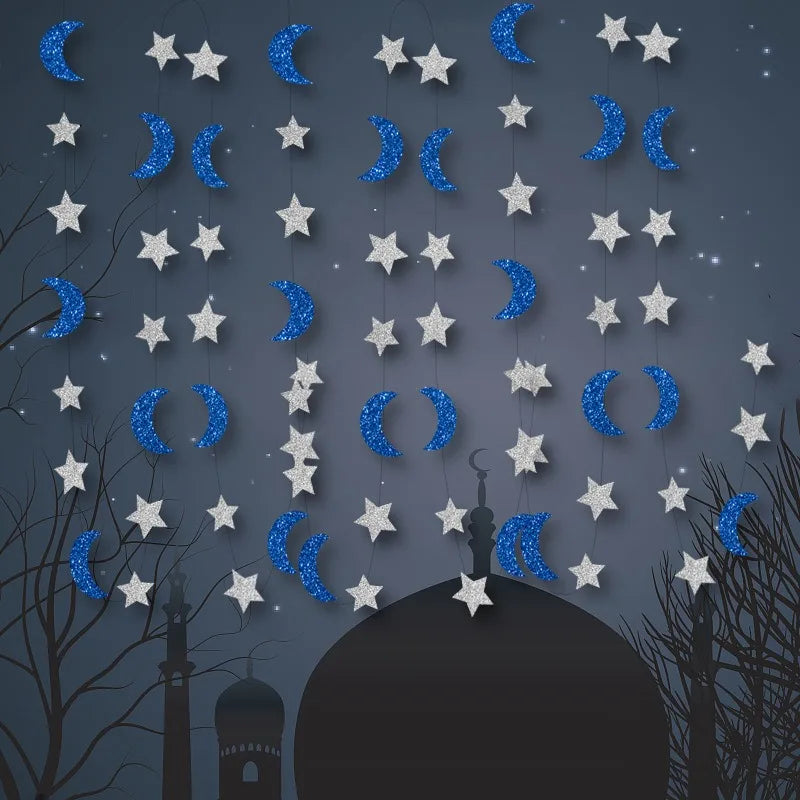 3M Moon Star Hanging Garlands Happy Eid Mubarak Day 2025 Ramadan Kareem Parti DIY Mid-Eastern Festival Home Muslim Party DIY