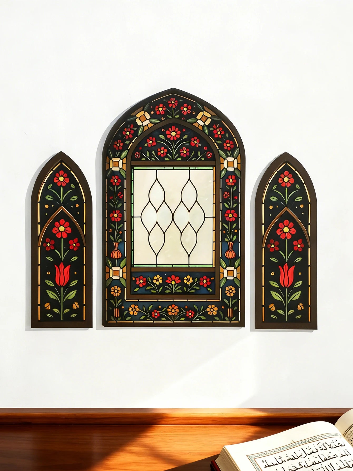 3pcs Islamic Arch Window Style Wall Hanging Floral Pattern Decor Wall Stickers for Ramadan & Eid Home Decor Muslim Festival Gift