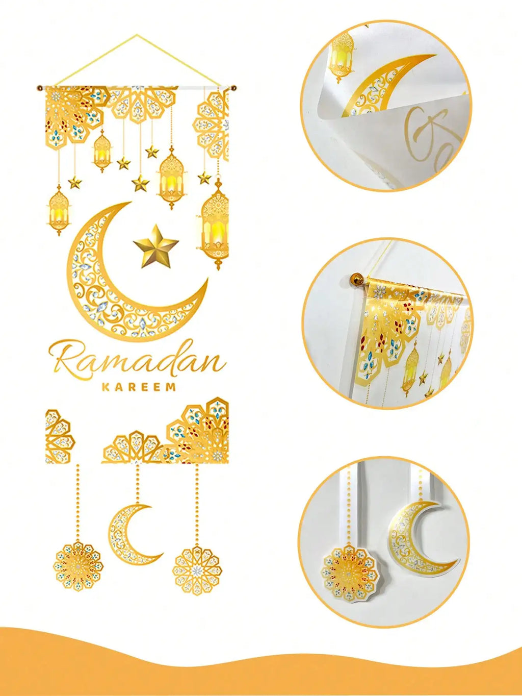 1Pc Ramadan Kareem Decorative Door Hanging Golden Star and Moon Lantern Flag Muslim Festival Party Decoration Banner Home Doorway Decorative Cloth