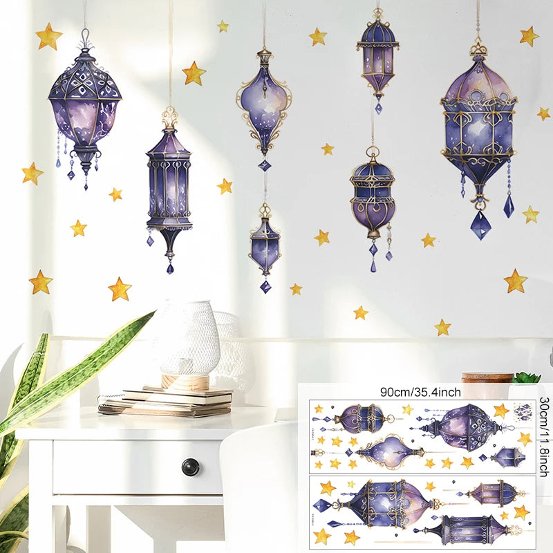 Eid Mubarak Wall Stickers Moon Star Lantern Ramadan Kareem Wall Decals Muslim Islamic Window Sticker Decorations for Home 2024