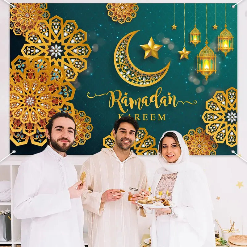 Ramadan Kareem Backdrop Photo Booth Background With Moon Star Castle Pattern Eid Mubarak Background for Backyard Al-fitr Gift