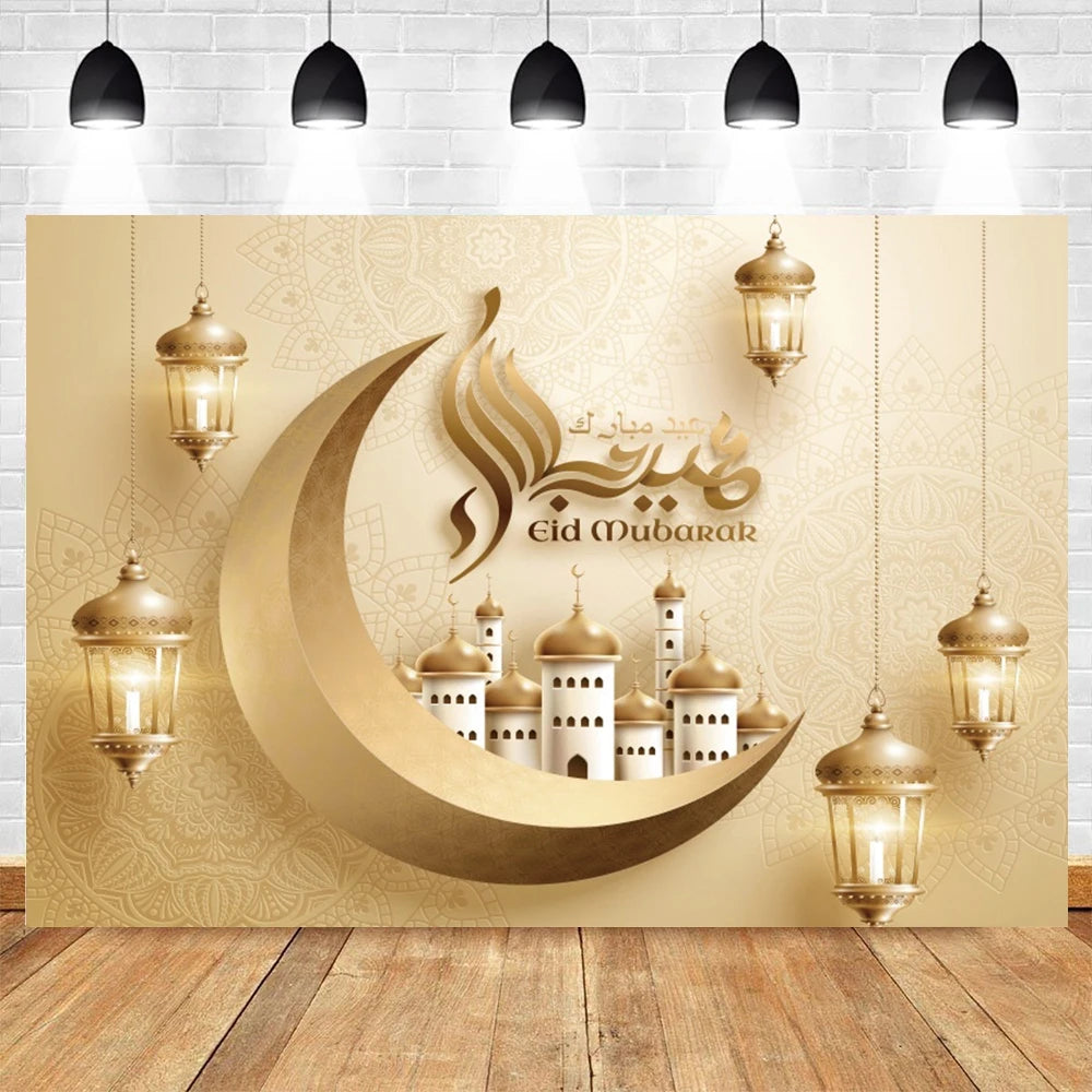 Ramadan Kareem Photography Backdrop EID Mubarak Islamic Mosque Lamps Moon Star White Cloud Photo Background Studio Poster Decor