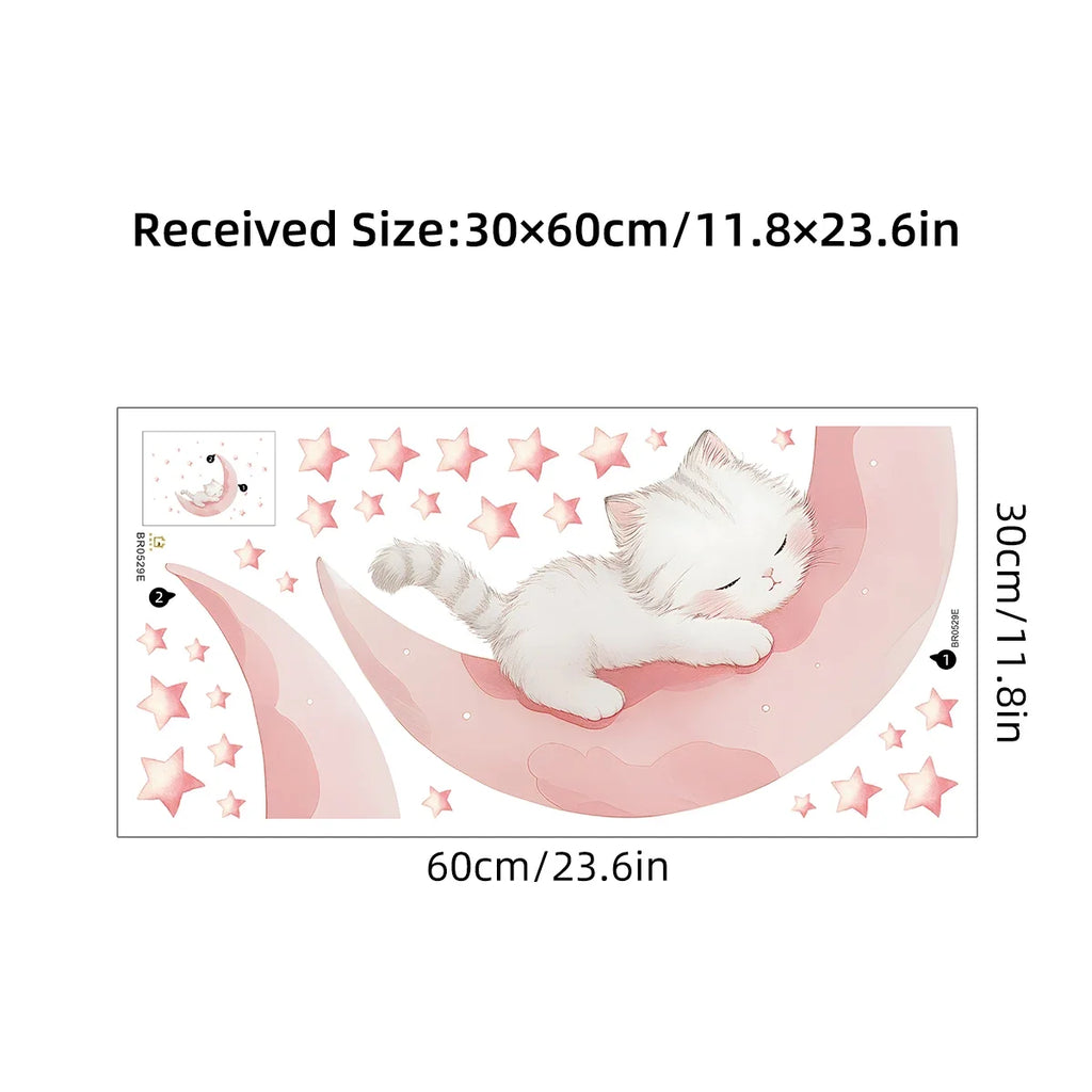 Cartoon Pink Moon Cute Cat Sleep Wall Stickers Baby Room Star Home Decor Accessories Living Room Bedroom Decoration Kids Room