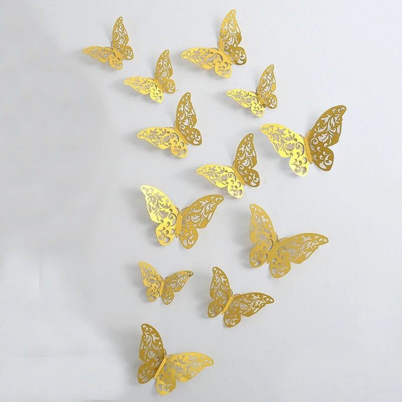12/24/48Pcs 8cm 3D Butterfly Wall Stickers Gold Butterfly Decorations for Butterfly Birthday Party Cake Room Window Garden Decor