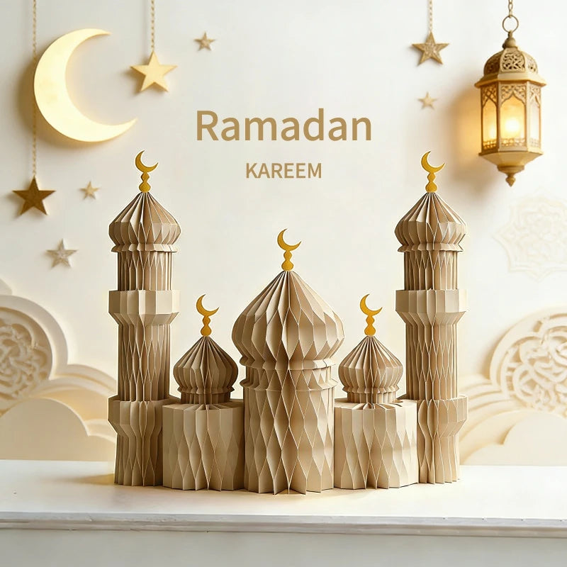 Ramadan Paper Art Desktop Decoration Castle Decoration 3d Honeycomb Castle Eid Al Fitr Party Stars Castle Party Products Gifts