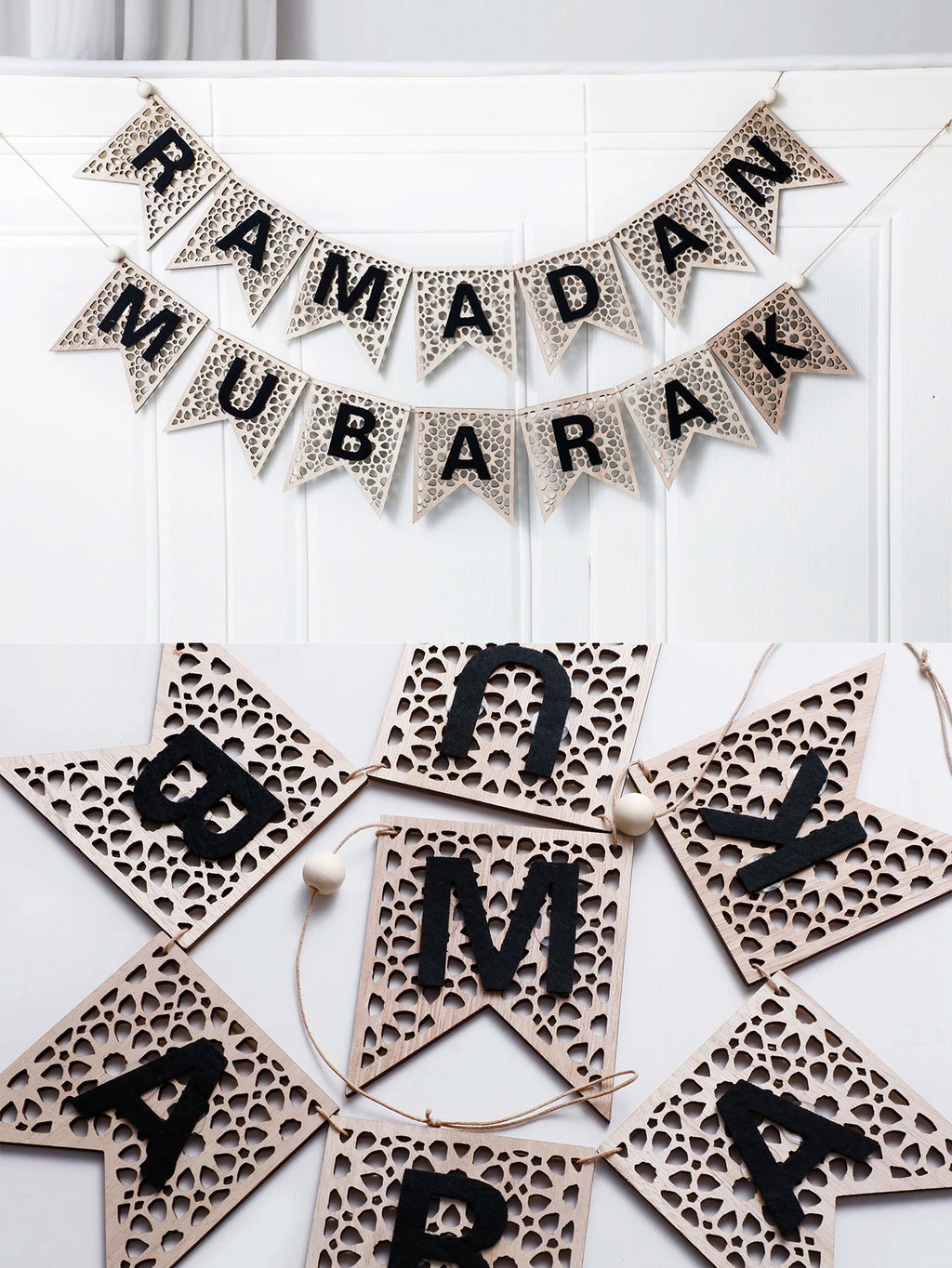 1Pc Wooden Ramadan Muslim Decor Banner Pull Flag Ramadan Kareem Hanging Ornaments Wooden Ornaments Eid Mubarak Happy Gift