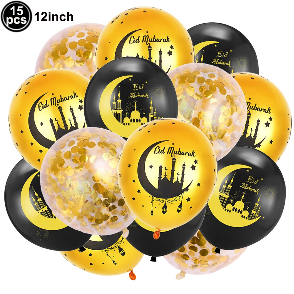 12inch Eid Mubarak Party Decorations Happy Eid al-Fitr Latex Balloons Gold Purple Black Moon Castle Print Confetti Balloons