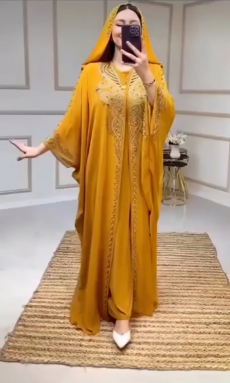 Eid Muslim Dress for Women – Hooded 2-Piece Diamond Jalabiya Kaftan