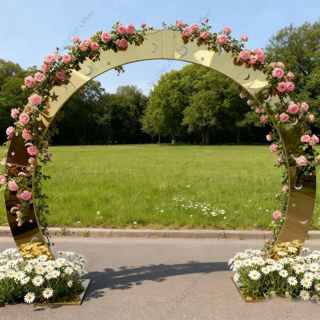 1pcs f30 83in Golden Stainless Steel Crescent Half Moon Wedding Arch Party Stage Backdrop Flower Stand Ballon Arch hh332