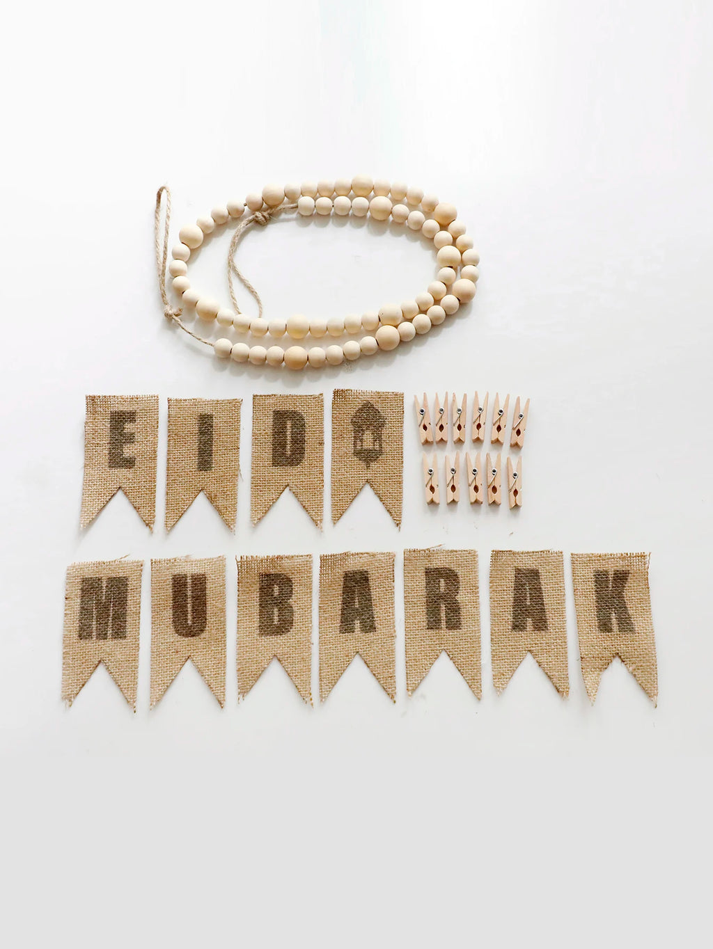 Eid Mubarak Burlap Banner Garland Wooden Bead Clothespin Hanging Ornaments for Muslim Festival Home Party Wall Window Decor Gift
