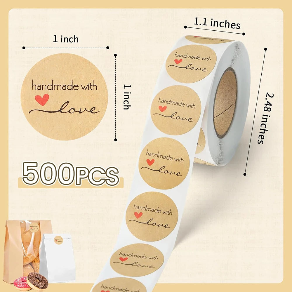 500pcs 1inch Handmade with Love Stickers Baking Kraft Paper Stickers Packaging Envelope Seals Wedding Birthday Party Gift Labels