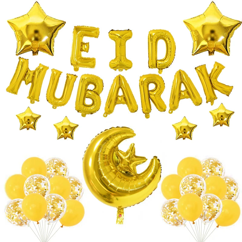 1Set Eid Mubarak Letter Foil Balloons Ramadan Kareem Decorations Star Moon Helium Globos 2024 Muslim Islamic Party Supplies Gift