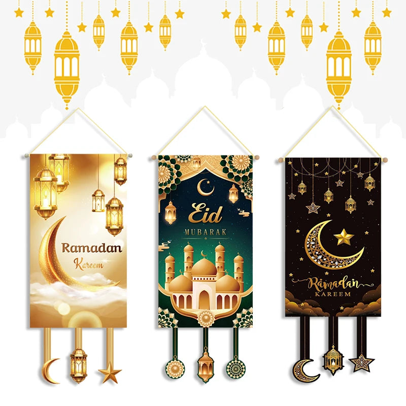 Eid Mubarak Decorations Ramadan Kareem Hanging Door Sign Ramadan Hanging Flag Welcome Wall Banner Eid Al-Fitr Party Supplies