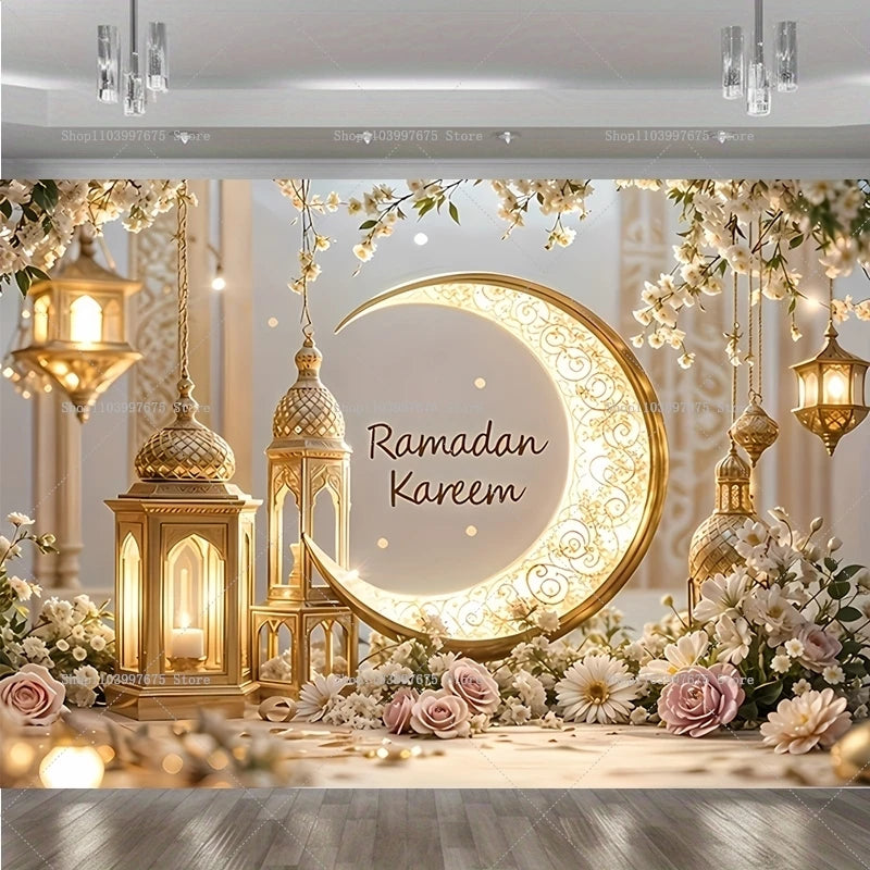 2D Ramadan Golden Crescent Moon Backdrops Eid Mubarak Party Decor Photography Background Banner Studio Photo Booth Props