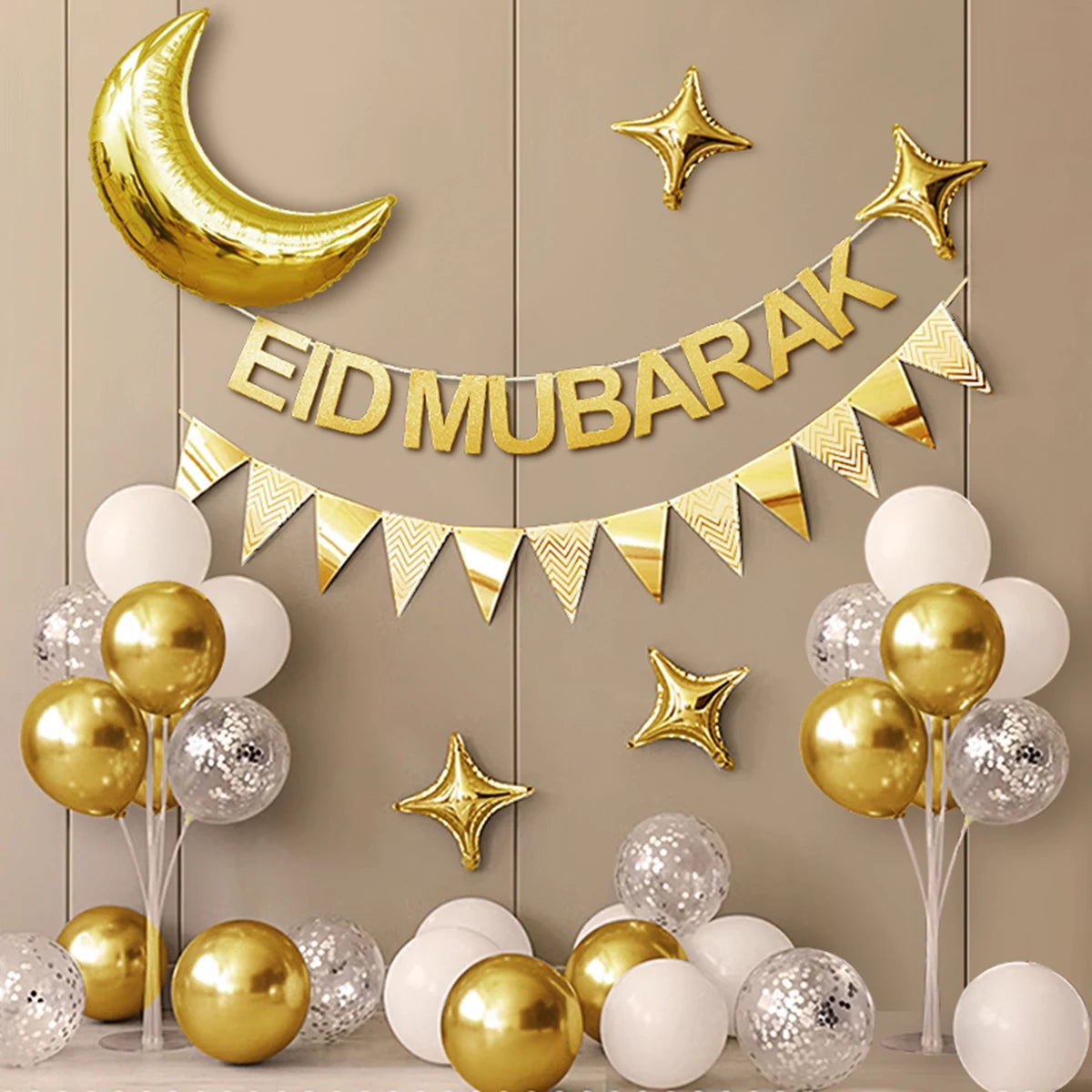 Ramadan Eid Mubarak Moon Stars Gold Silver Balloon Set Party Decoration Set up 1 Set 35 Pieces