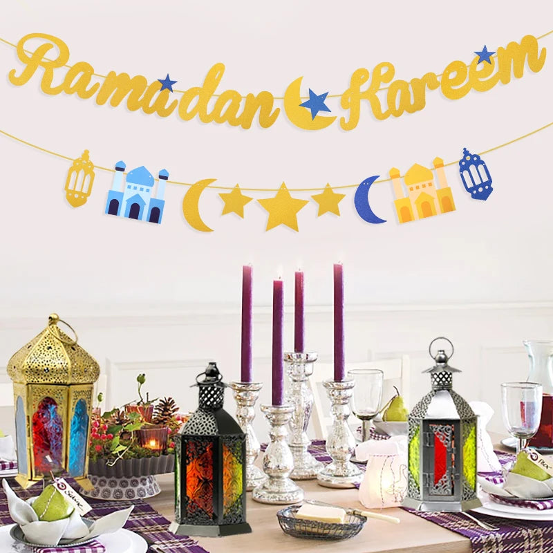 1set EID Mubarak Paper Banner Ramadan Kareem Moon Star Hanging Garland Bunting 2025 Islamic Muslim Party Home Decoration Supply