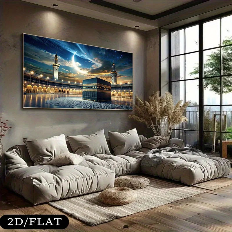 Kaaba At Mecca with Crescent Moon & Starry Sky Canvas Painting Wall Art, Frameless Large Islamic Wall Art for Living Room Decor