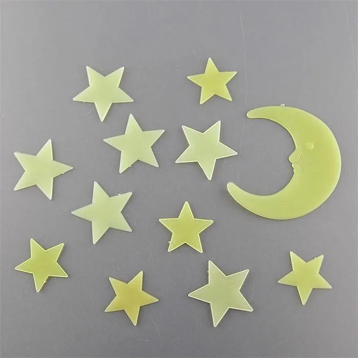 Stars Moon Sun Luminous Glow In The Dark Fluorescent Home Wall Stickers Decal (11 Stars +1 moon)/set