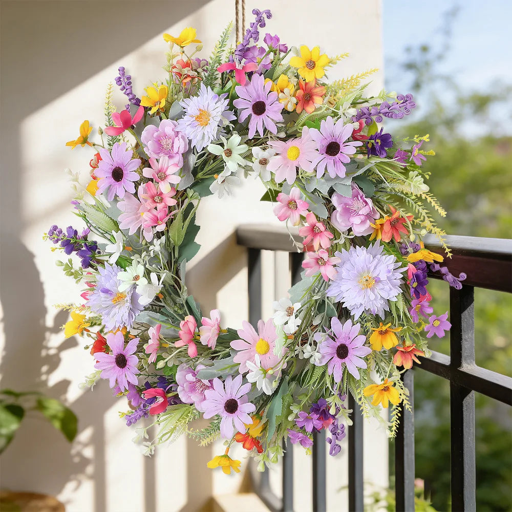 YeeNanee Vibrant Wild Flowers Spring Wreaths for Front Door Artificial Daisy Tulip Lambs Ear Summer Wreath Home Wall Decoration