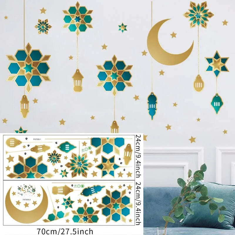 Ramadan Kareem Wall Stickers Moon Star Lantern Wall Decal 2024 Eid Mubarak Decorations for Home Muslim Islamic Party Decorations