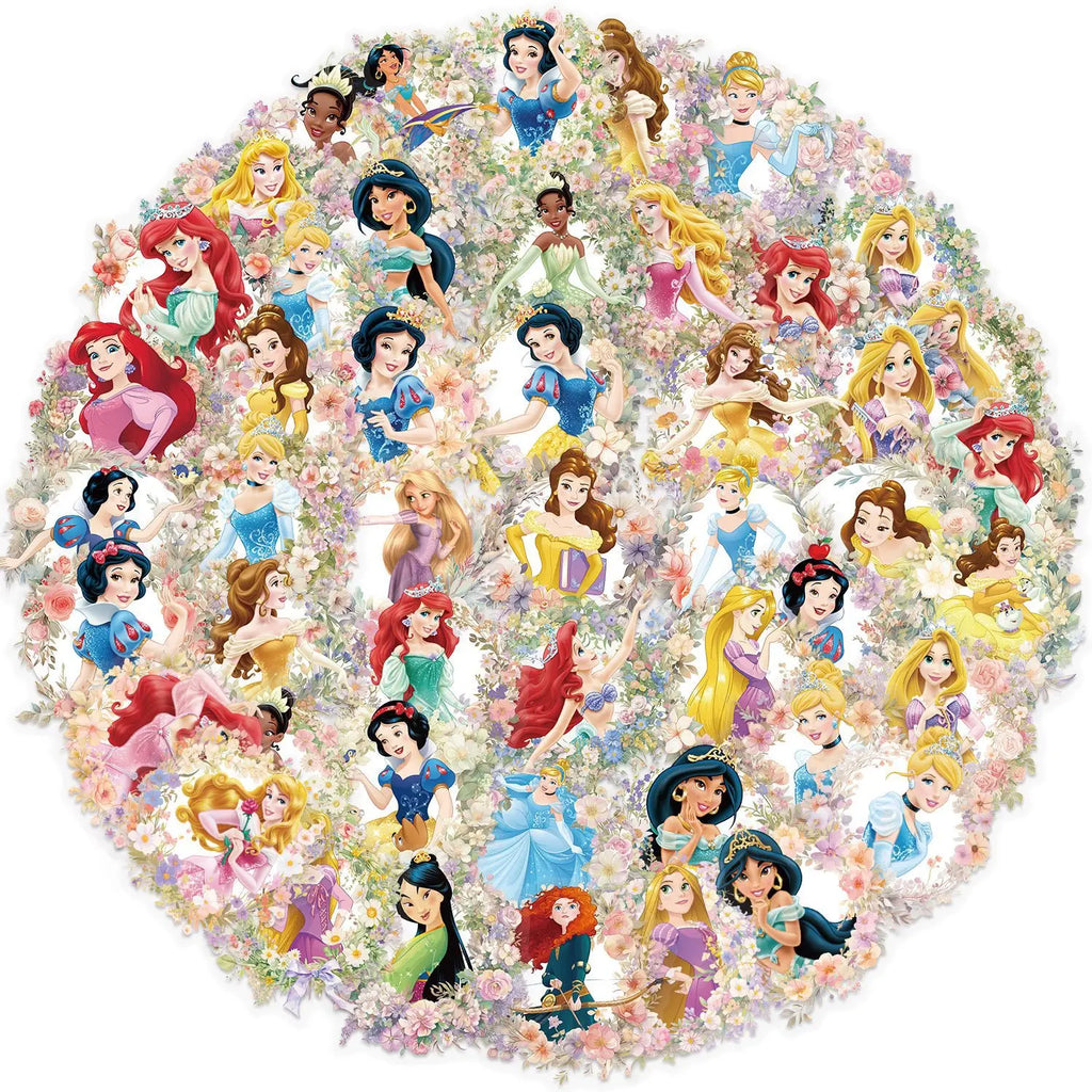 50PCS Disney Princess Flower PET Transparent Stickers Phone Scrapbook Guitar Laptop Suitcase Waterproof Sticker Toys Decals
