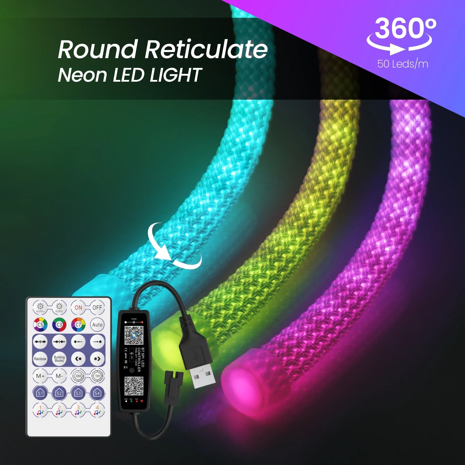 USB WS2812B WS2811 Round Reticulate Neon LED Strip DC 5V 360 Degree Addressable Bluetooth RGBIC Flexible Silicone Tape IP67 Rope
