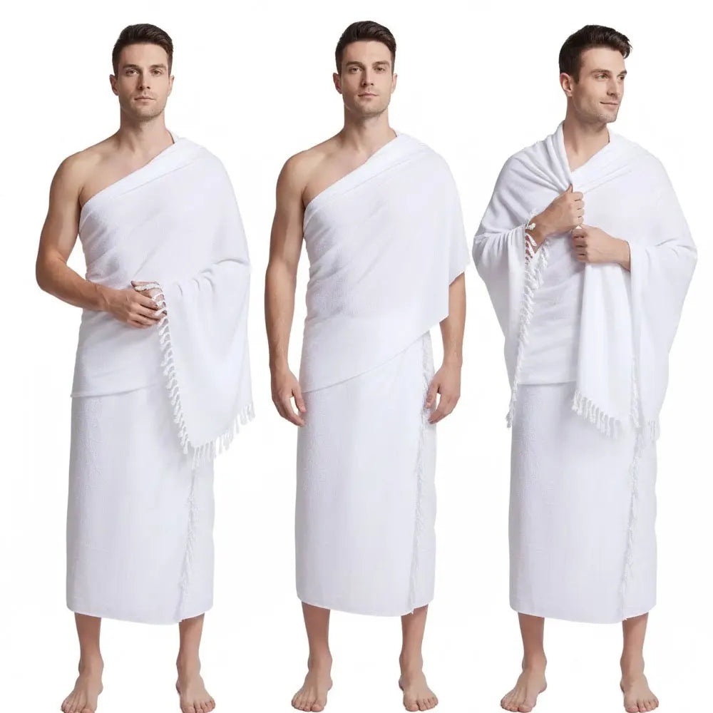 Men’s Hajj & Umrah Ihram 2-Piece Set Solid White Pilgrimage Suit