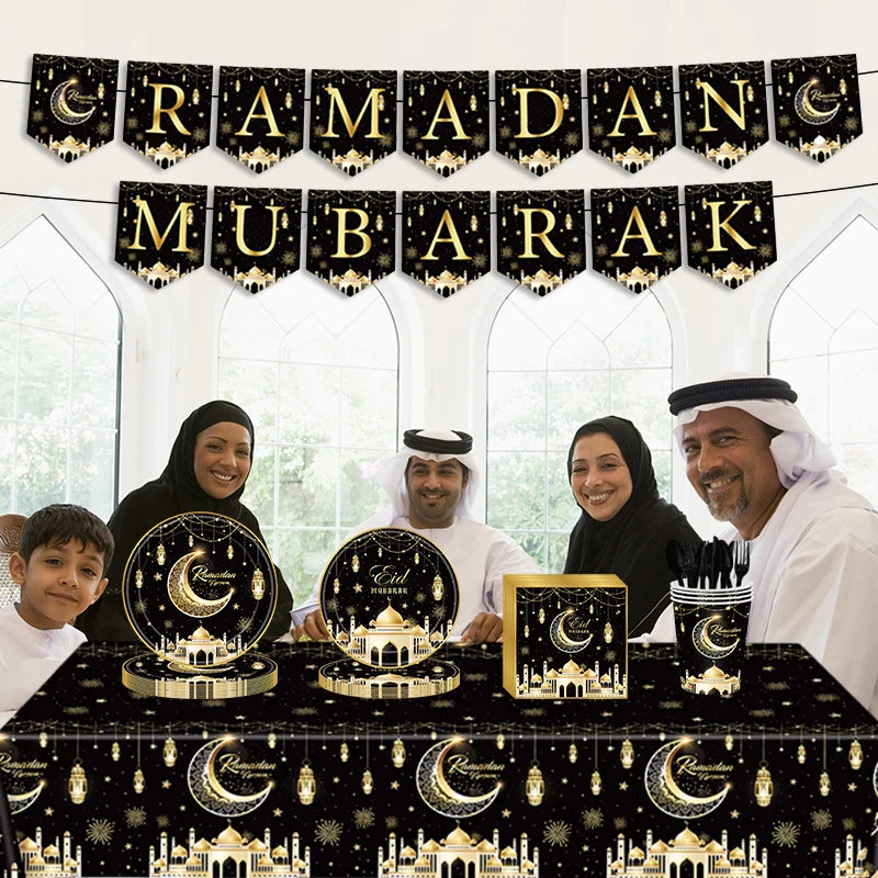 Ramadan Tableware Decorations Moon Star Party Supplies Hanging Cloth Eid Mubarak Banner Eid Plates Cups Tableware Decorations