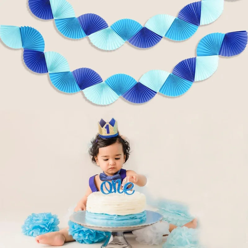 Blue Paper 3D Fans Flower Garland Hanging Flower Banner Wall Decoration for Wedding Birthday Baby Shower Party Streamer Decor
