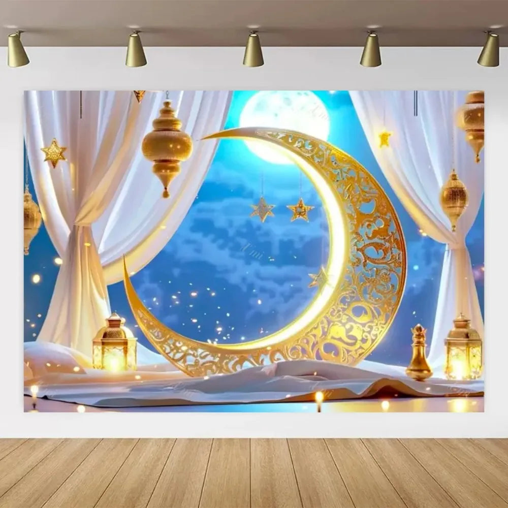 Eid Mubarak Backdrop for Photography EID Al Adha Muslim Ramadan Kareem Moon Lantern Islamic Eid al-Fitr Photo Background Props