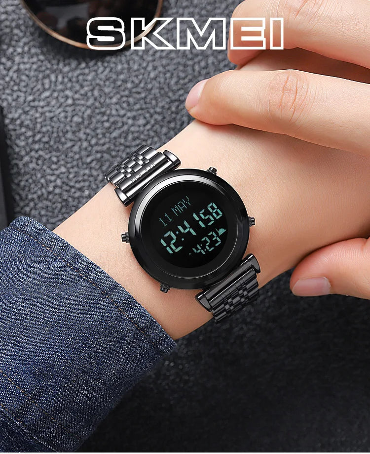 Muslim Azan Digital Watch Mens Back Light Waterproof Steel Hijri Islamic Wristwatch Prayer Qibla Compass Alarm Clock