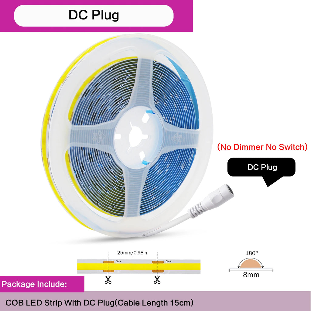 5V COB LED Light Strip With Touch Dimmer/ON OFF Switch/3Key Dimmer 320LEDs/M High Density LED Lamp Room Bar TV Backlight 9Colors