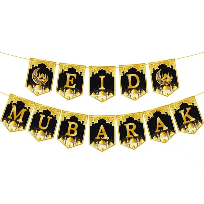 Eid Mubarak Paper Banner Garland 2026 Ramadan Moon Star Mosque Hanging Swirl Home Decoration Ornaments Islamic Muslim Party Gift