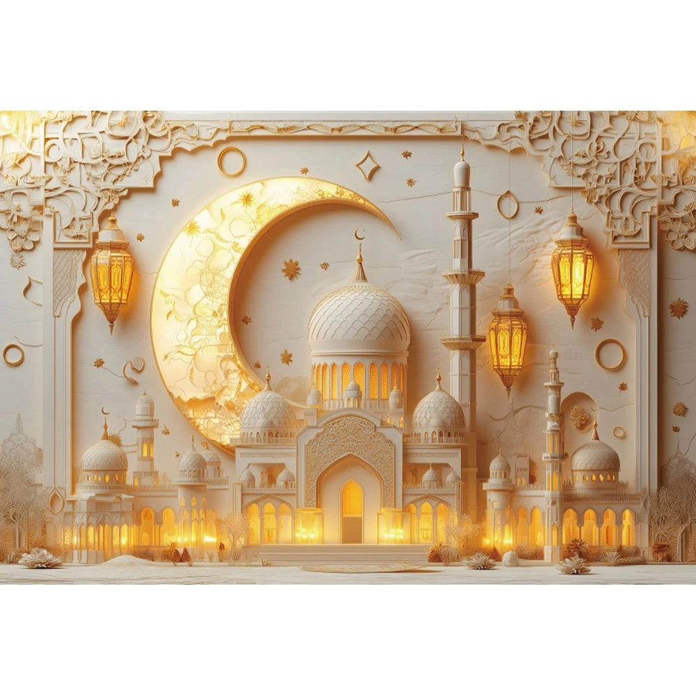 Eid Mubarak Backdrop Islamic Mosque Ramadan Aladdin Moroccan Golden Moon Lantern 2026Muslim Kareem Al Fitr Festival Photo Banner