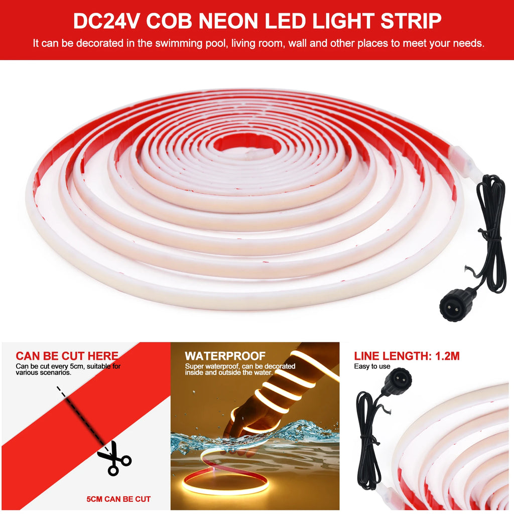 IP68 Waterproof Solar Powered COB Neon Strip 24V 320Leds 3000K 4000K 6000K Red/Green/Blue/Yellow Flexible Ribbon Rope LED Light