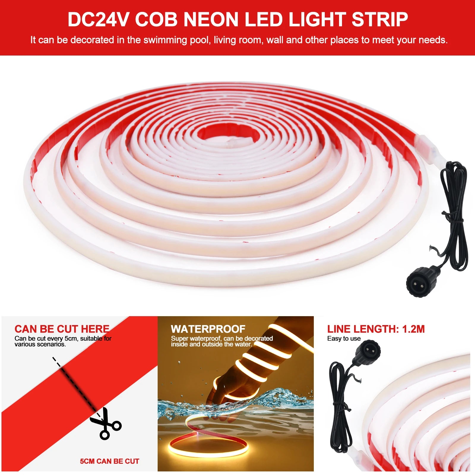 IP68 Waterproof Solar Powered COB Neon Strip 24V 320Leds 3000K 4000K 6000K Red/Green/Blue/Yellow Flexible Ribbon Rope LED Light